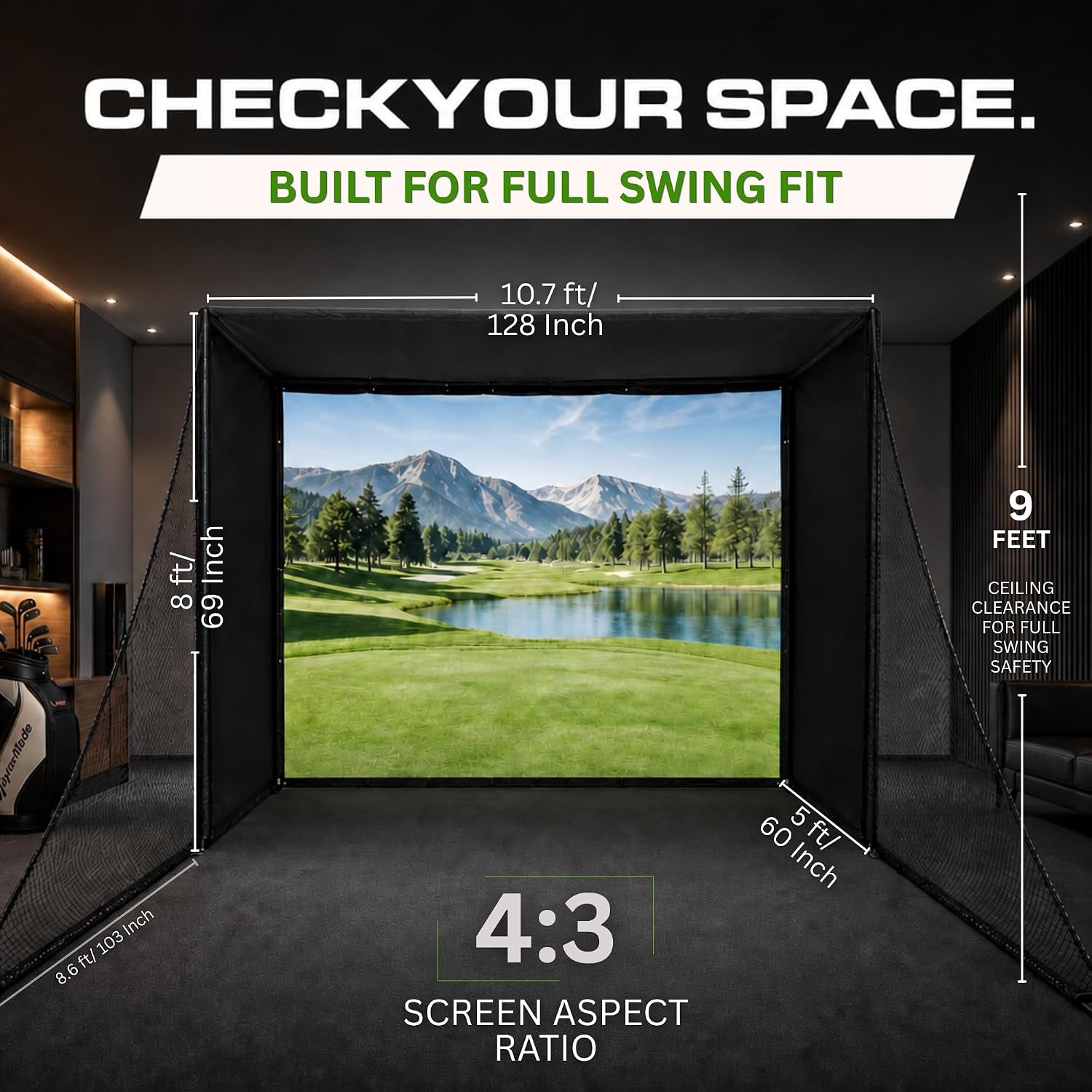 Golf Simulator Enclosure 10.7X8X5Ft & 8.5X8.5X5Ft Golf Simulators for Home | Light-Proof HD/4K Silent Impact Screen, Indoor/Outdoor - Includes Mat, Foam-Padded Iron Poles, Shank Net, Sandbag & Bonus Kit