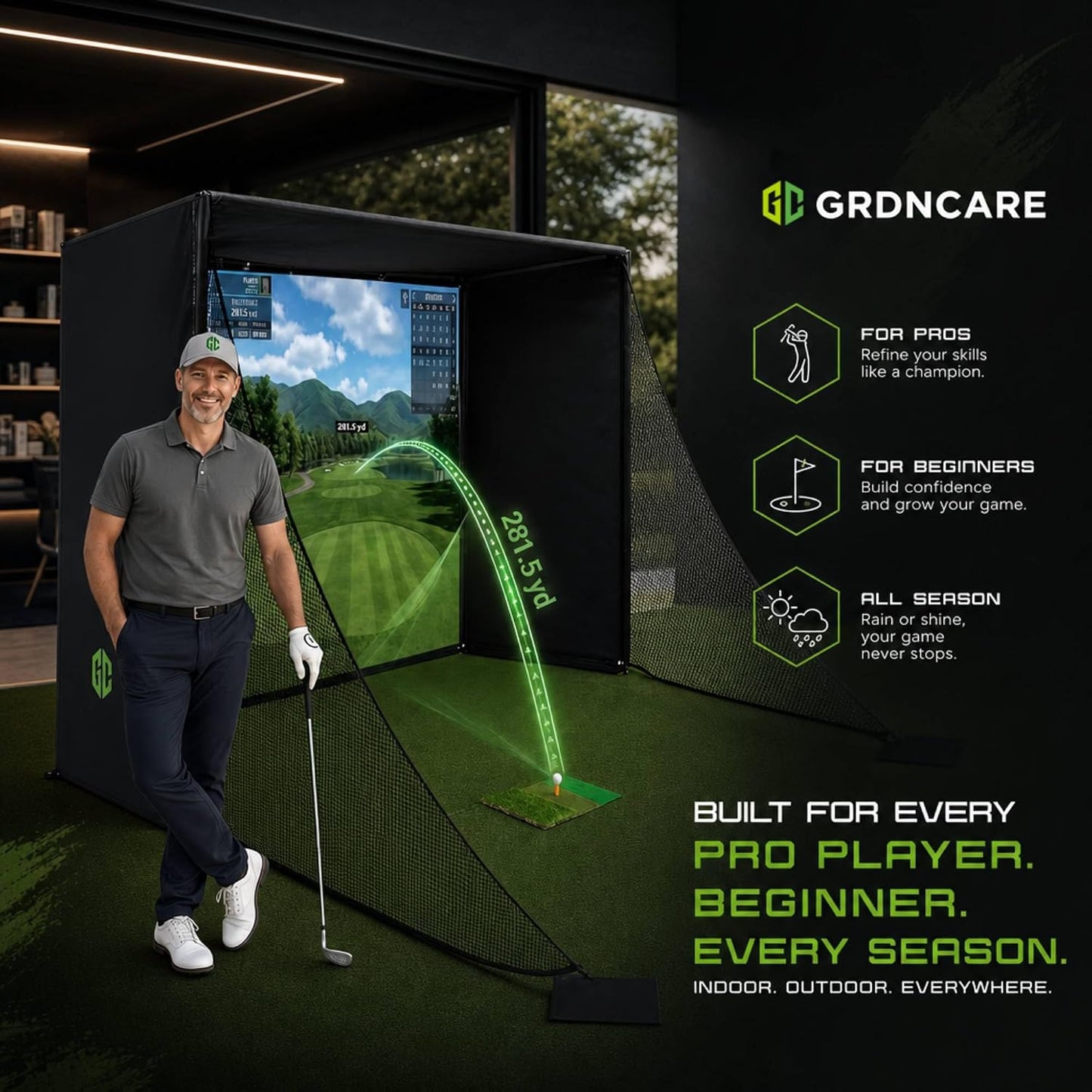 Golf Simulator Enclosure 10.7X8X5Ft & 8.5X8.5X5Ft Golf Simulators for Home | Light-Proof HD/4K Silent Impact Screen, Indoor/Outdoor - Includes Mat, Foam-Padded Iron Poles, Shank Net, Sandbag & Bonus Kit