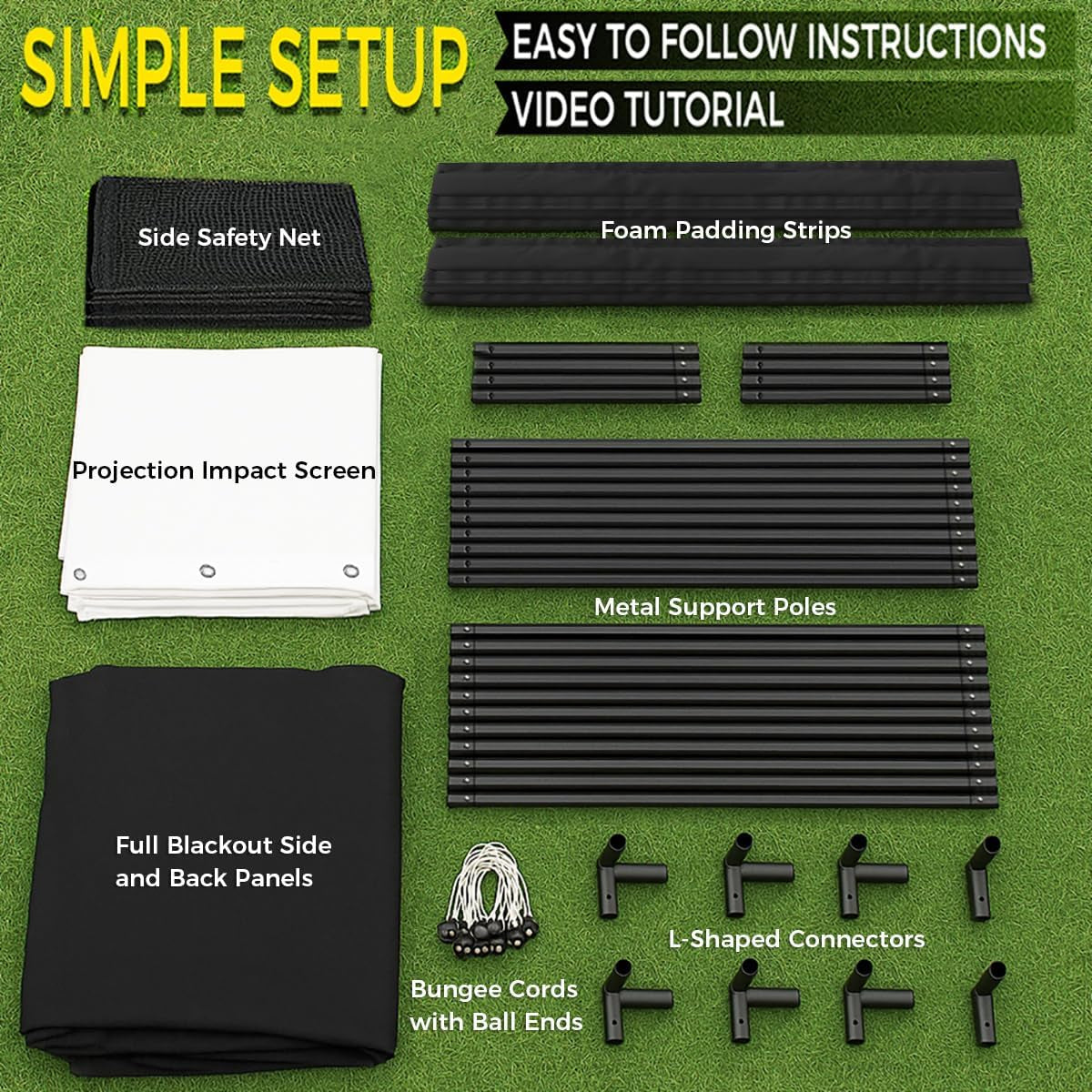 Golf Simulator Enclosure Kit 10 X 8 Ft with 4K-Ready Impact Screen | 600D Blackout Cover, Anti-Ricochet Foam Padding & Safety Side Nets, Golf Cage for Indoor Garage, Basement & Home Practice