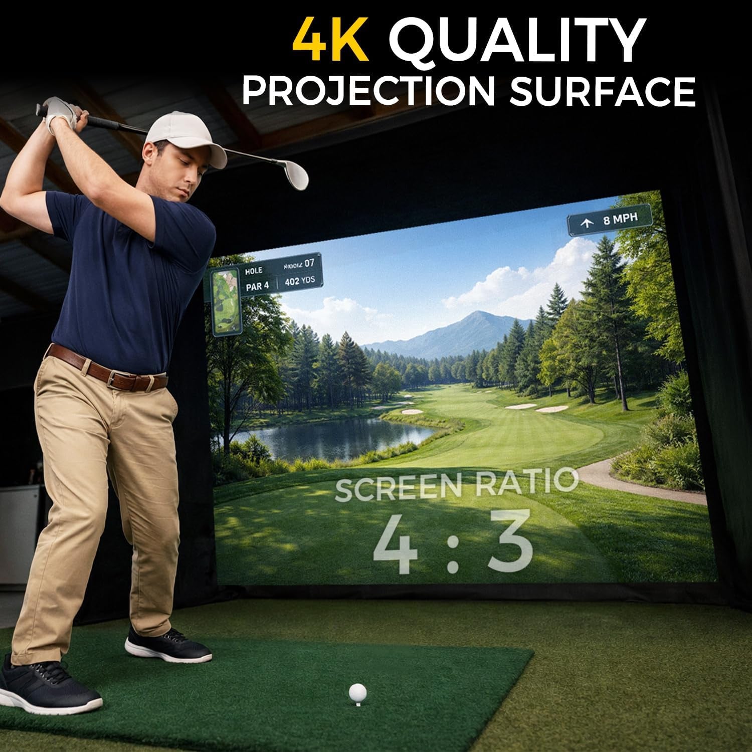 Golf Simulator Enclosure Kit 10 X 8 Ft with 4K-Ready Impact Screen | 600D Blackout Cover, Anti-Ricochet Foam Padding & Safety Side Nets, Golf Cage for Indoor Garage, Basement & Home Practice