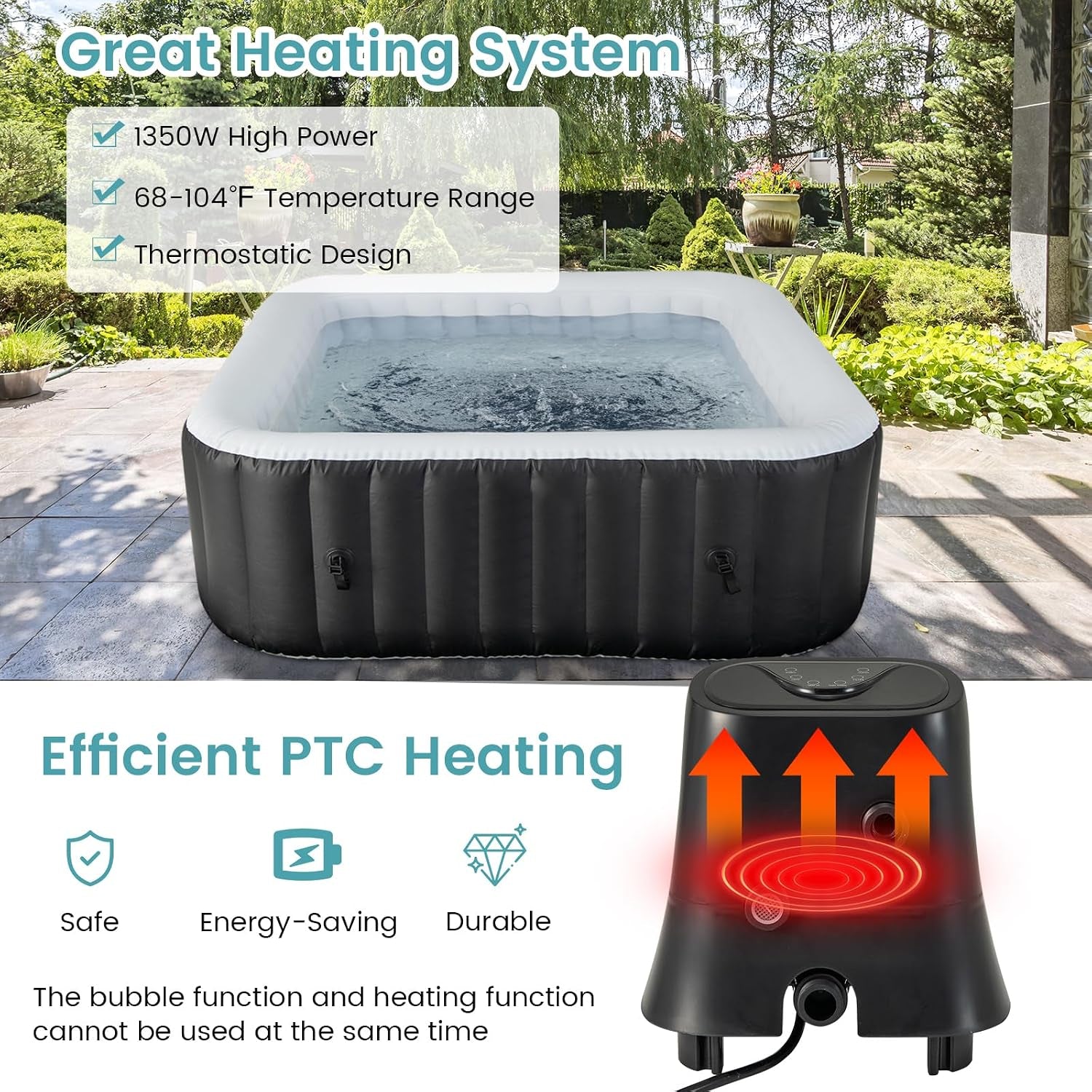 Inflatable Hot Tub, 4-6 Person Blowup Pool Hottub W/130 Air Jets, Heater Pump, Filter Cartridges, Insulated Cover, Ground Cloth, Portable Outdoor Water SPA (71’’X70’’ Rectangular, 4-6 Person)