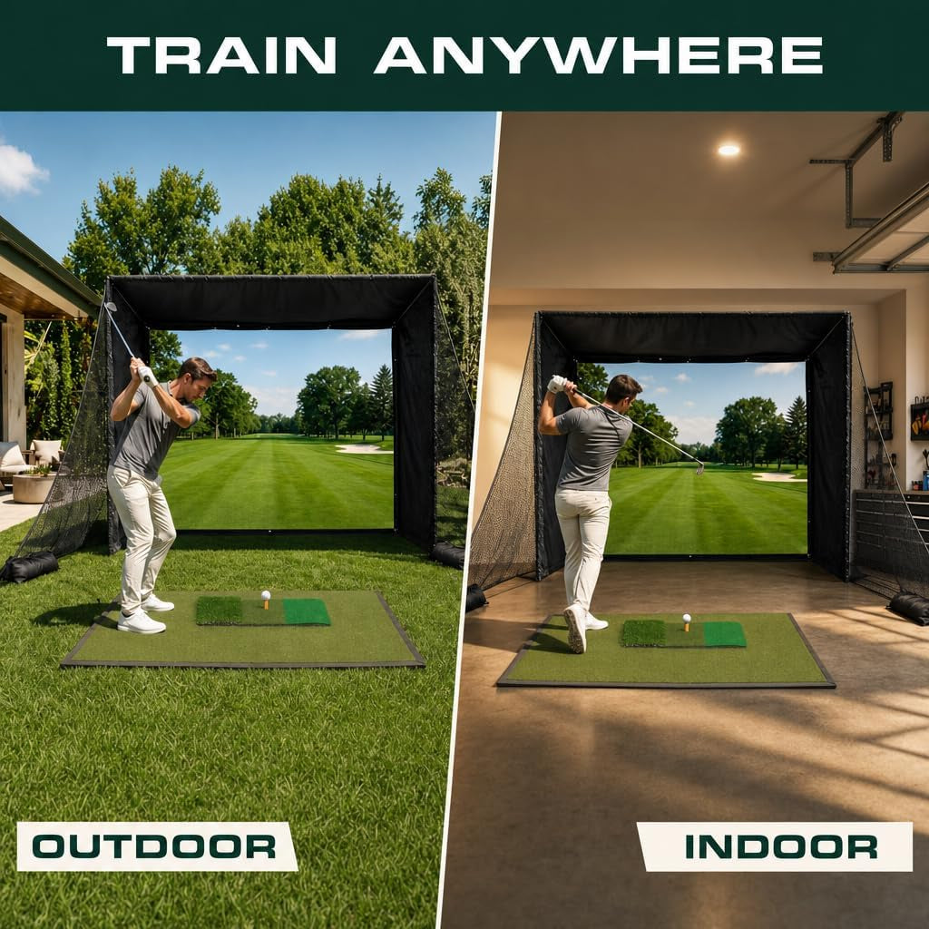 Golf Simulator Enclosure 10.7X8X5Ft & 8.5X8.5X5Ft Golf Simulators for Home | Light-Proof HD/4K Silent Impact Screen, Indoor/Outdoor - Includes Mat, Foam-Padded Iron Poles, Shank Net, Sandbag & Bonus Kit