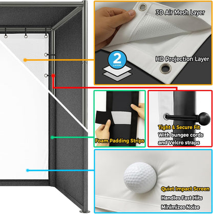 Golf Simulator Enclosure Kit 10 X 8 Ft with 4K-Ready Impact Screen | 600D Blackout Cover, Anti-Ricochet Foam Padding & Safety Side Nets, Golf Cage for Indoor Garage, Basement & Home Practice