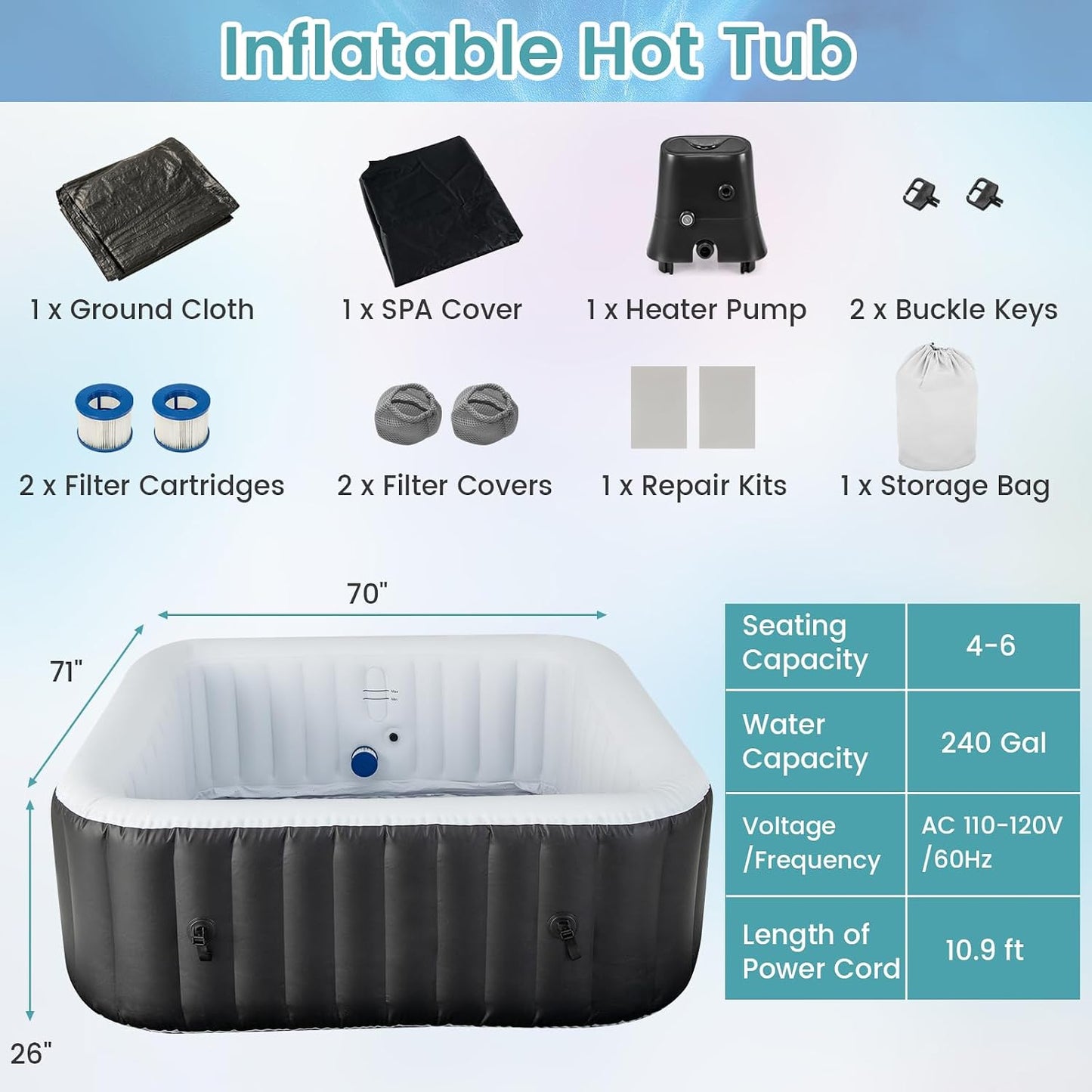 Inflatable Hot Tub, 4-6 Person Blowup Pool Hottub W/130 Air Jets, Heater Pump, Filter Cartridges, Insulated Cover, Ground Cloth, Portable Outdoor Water SPA (71’’X70’’ Rectangular, 4-6 Person)
