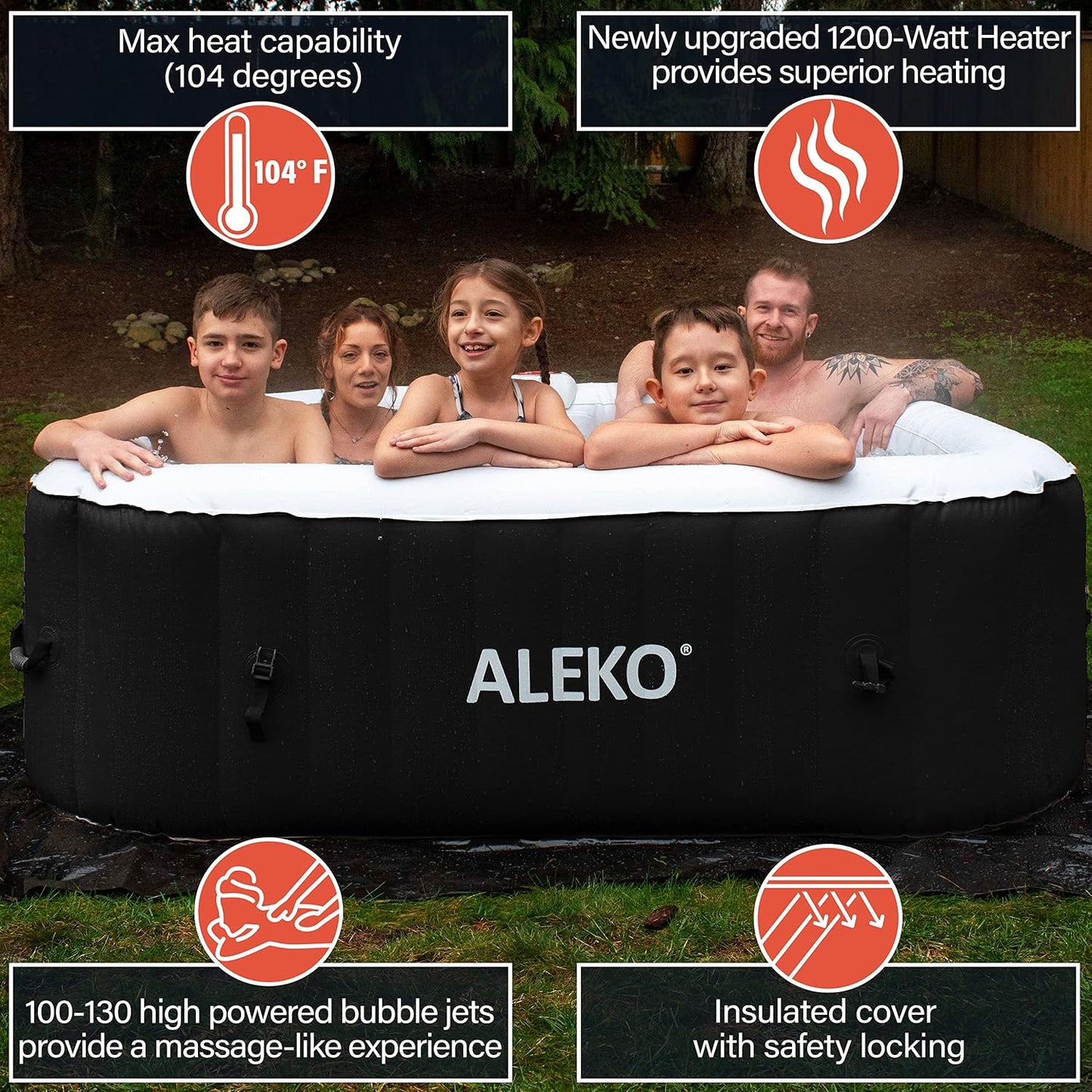 Inflatable Hot Tub Spa, 265 Gallon HTISQ6GYBK | Relaxing Bubble Massage Jets, Quick Heating System, Cushioned Padded Walls, Portable Backyard Setup, Seats Multiple Adults