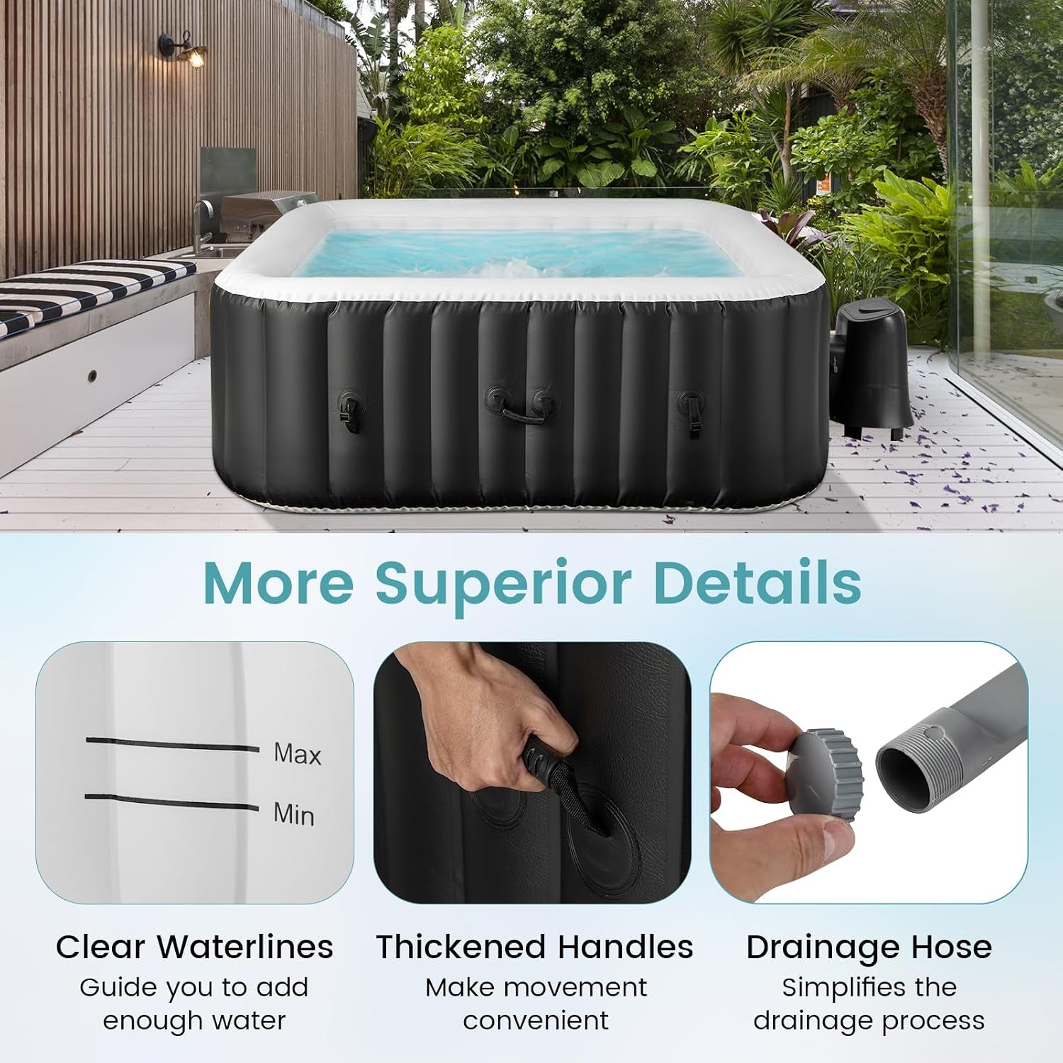 Inflatable Hot Tub, 4-6 Person Blowup Pool Hottub W/130 Air Jets, Heater Pump, Filter Cartridges, Insulated Cover, Ground Cloth, Portable Outdoor Water SPA (71’’X70’’ Rectangular, 4-6 Person)