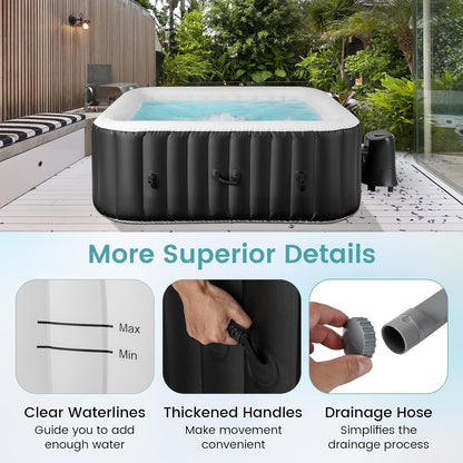 Inflatable Hot Tub, 4-6 Person Blowup Pool Hottub W/130 Air Jets, Heater Pump, Filter Cartridges, Insulated Cover, Ground Cloth, Portable Outdoor Water SPA (71’’X70’’ Rectangular, 4-6 Person)