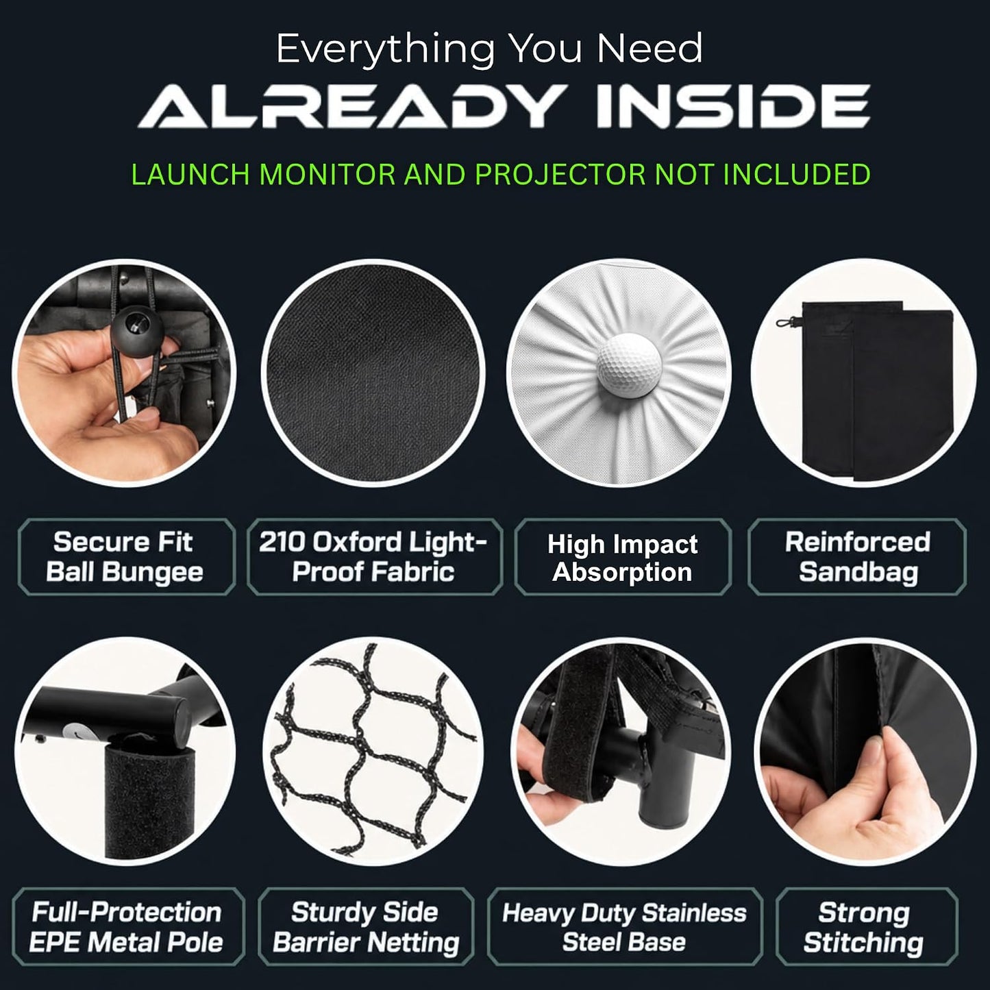 Golf Simulator Enclosure 10.7X8X5Ft & 8.5X8.5X5Ft Golf Simulators for Home | Light-Proof HD/4K Silent Impact Screen, Indoor/Outdoor - Includes Mat, Foam-Padded Iron Poles, Shank Net, Sandbag & Bonus Kit